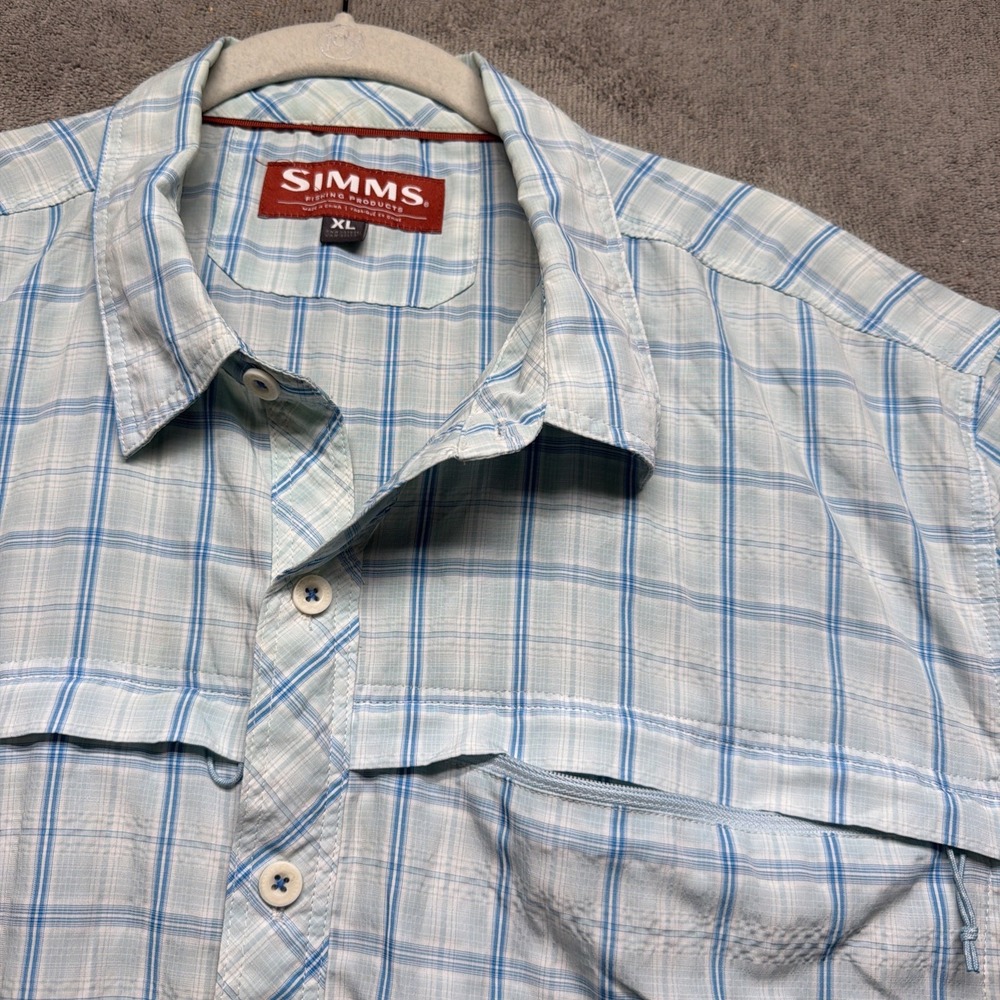 Simms Mens Fishing Shirt Short Sleeve Button Up Blue Plaid Outdoor Wear XL
